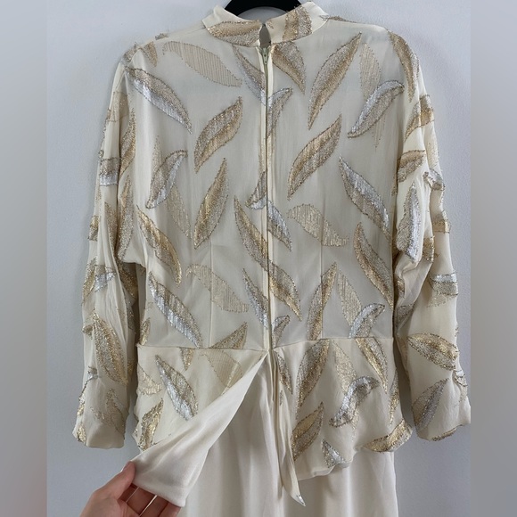 70s/80s handmade cream with gold leaf peplum style dress - M-L - Picture 7 of 9